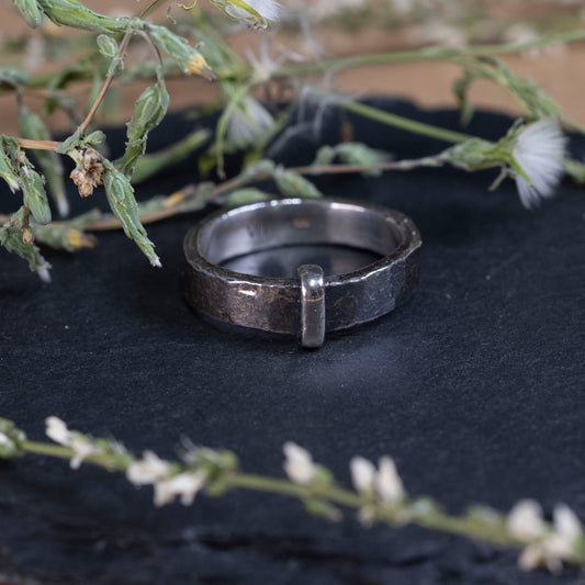 Oxidized silver ring to resemble iron with a polished silver centerpiece