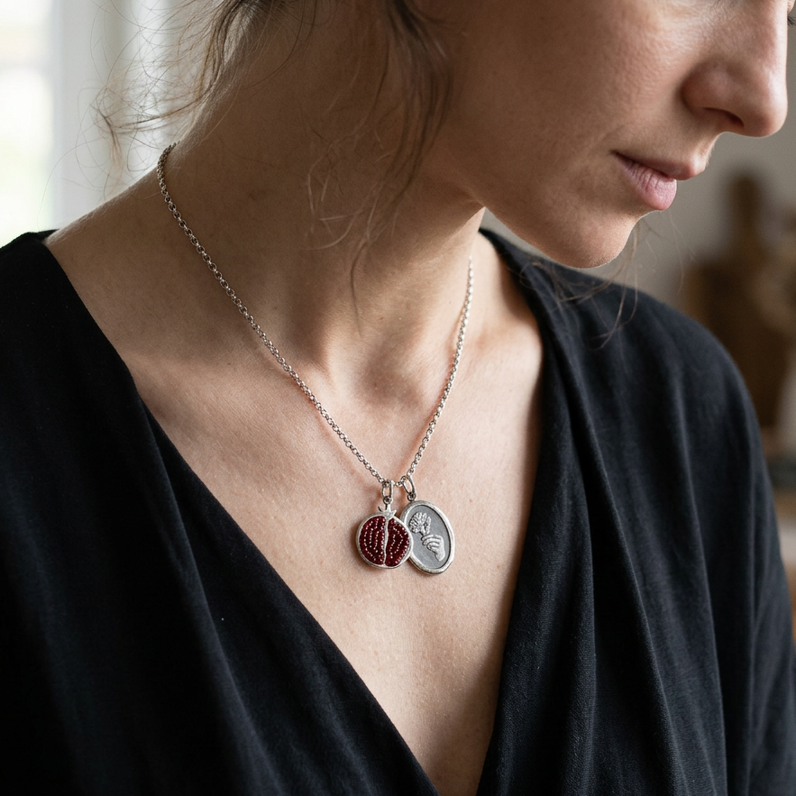 Hadestown Inspired Silver Charms on model detail
