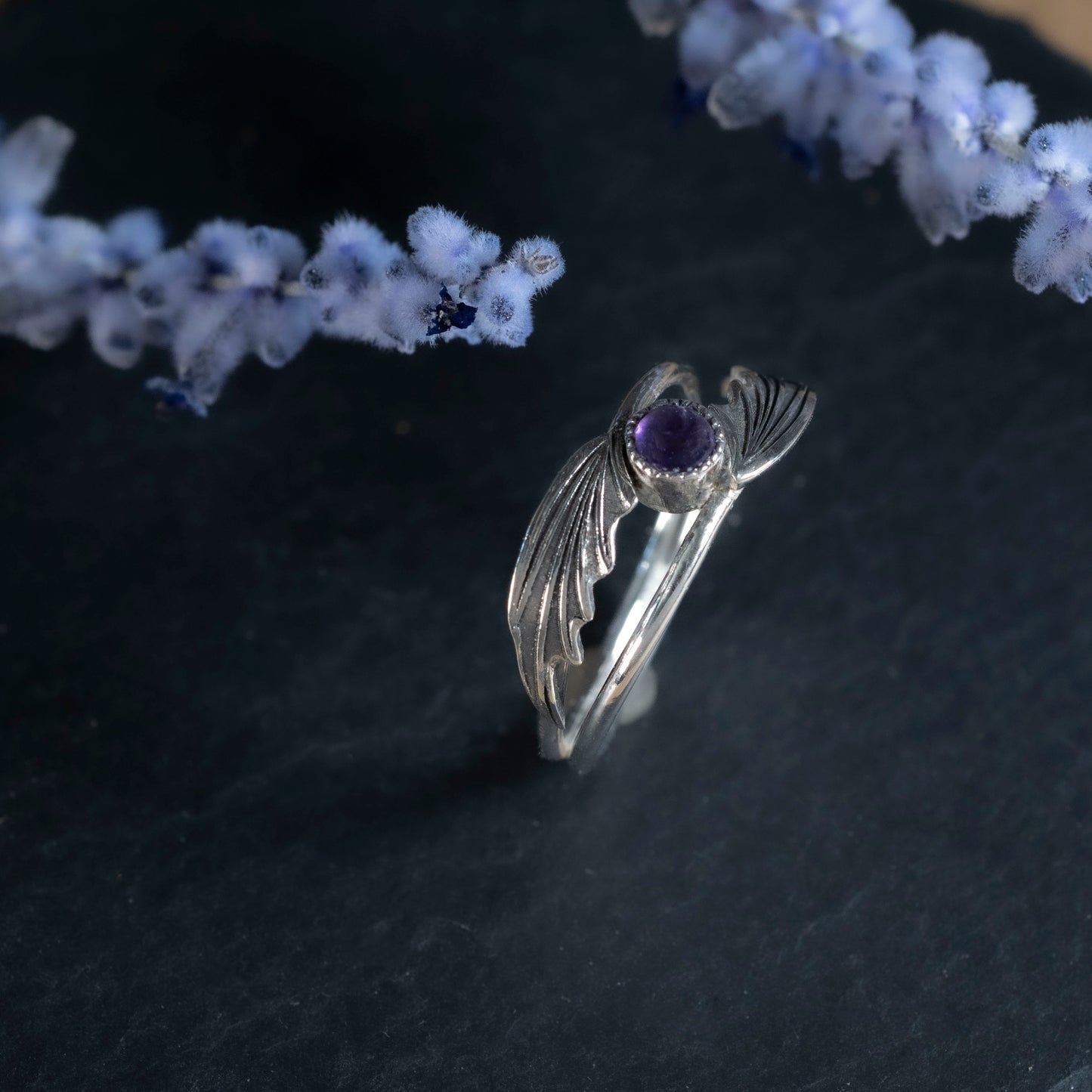 "Dainty silver Illyrian Wings ring inspired by ACOTAR with a center amethyst stone