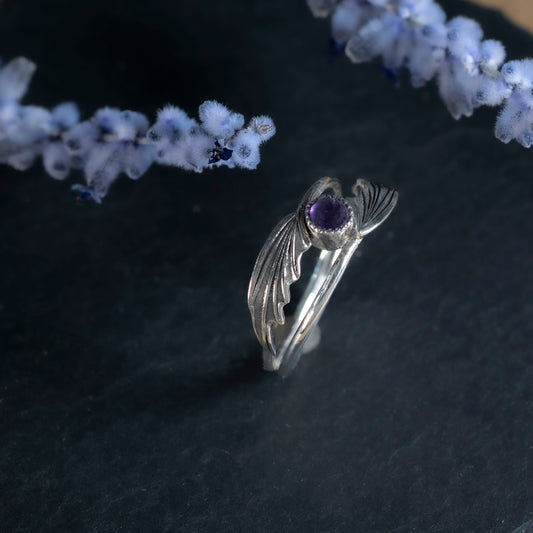 "Dainty silver Illyrian Wings ring inspired by ACOTAR with a center amethyst stone