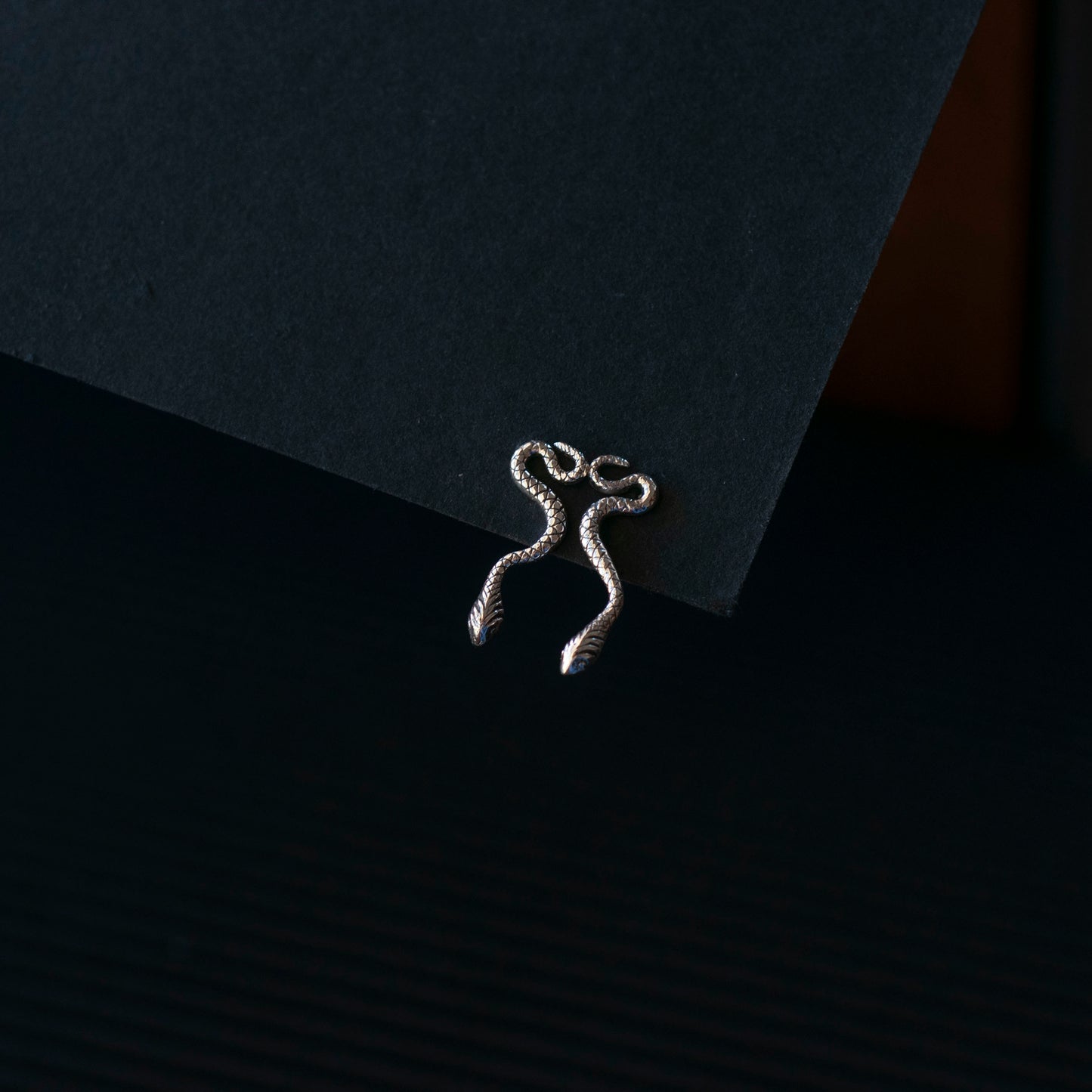 Close-up of the detailed silver snake stud earring.