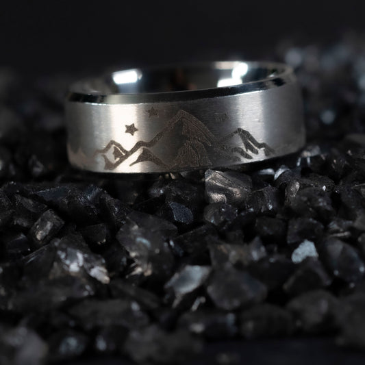 Stainless steel Night Court Sigil ring with mountains and stars design.