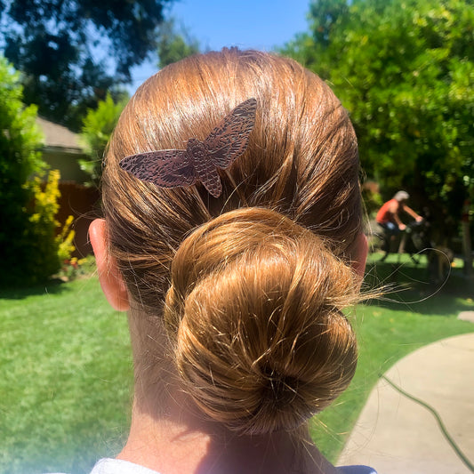 Copper hair fork with an engraved Death's-Head Moth, inspired by Chain of Iron.