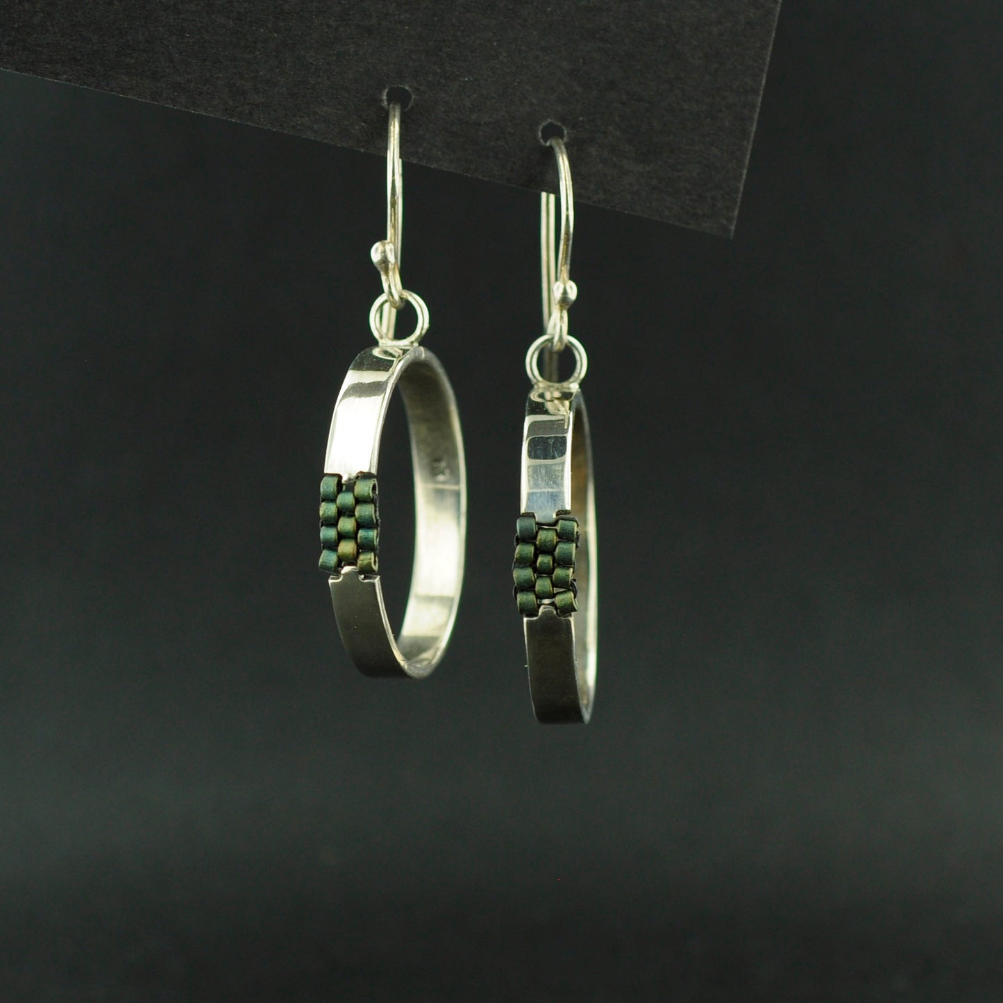 Sterling silver hoops with woven Miyuki beads.