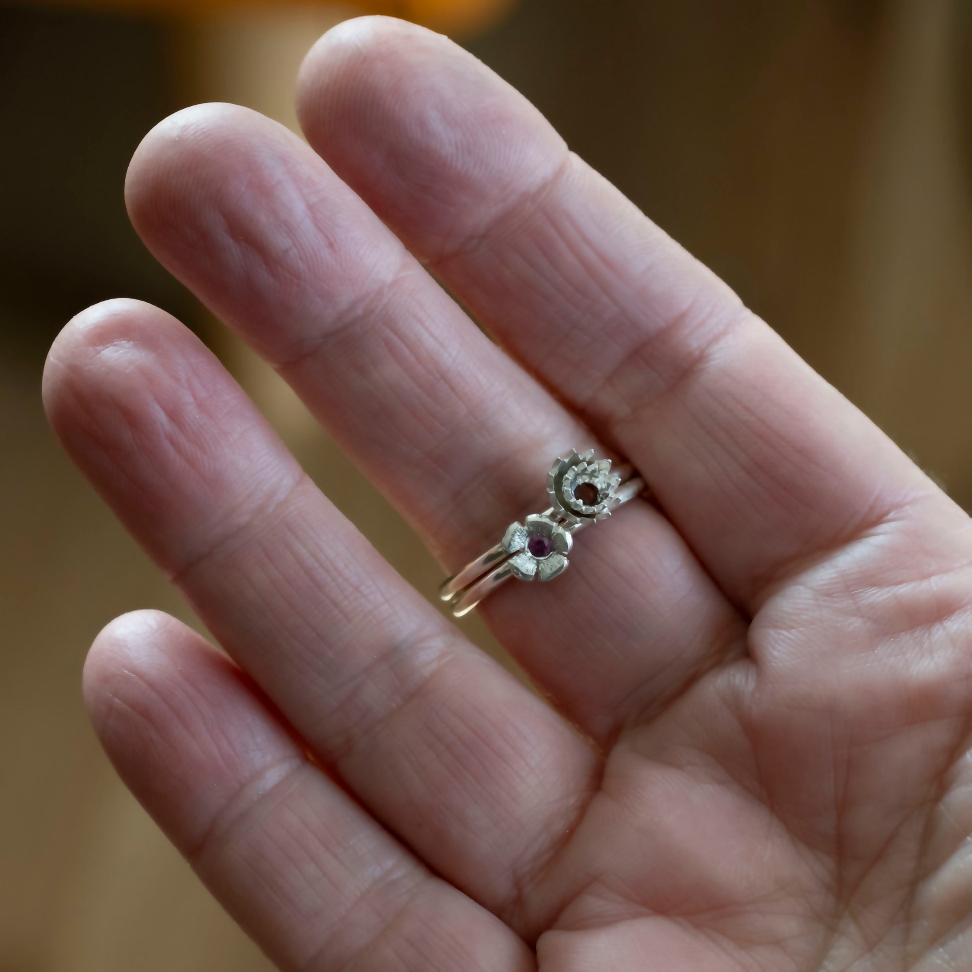 Carnation and Violet Stacker Rings with garnet and amethyst - Hebel Design