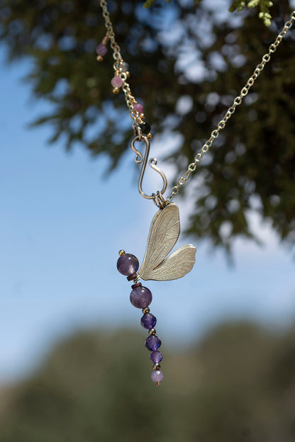 Convertible Amethyst Dragonfly Necklace in Brass