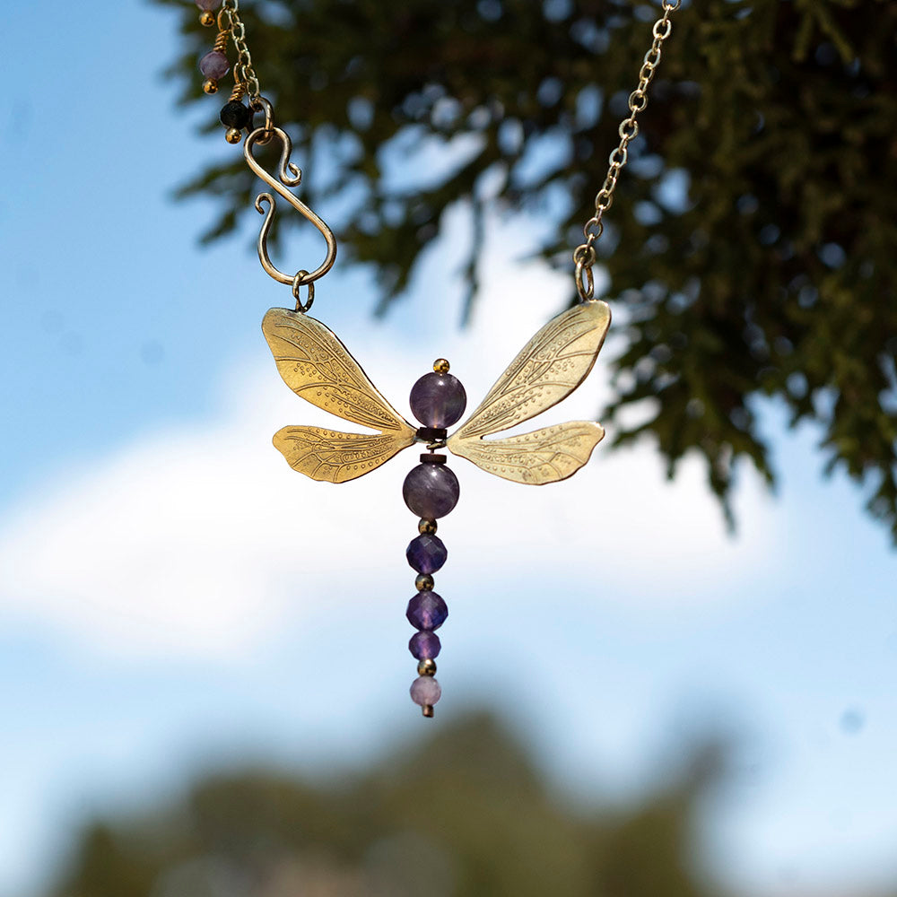Convertible Amethyst Dragonfly Necklace in Brass