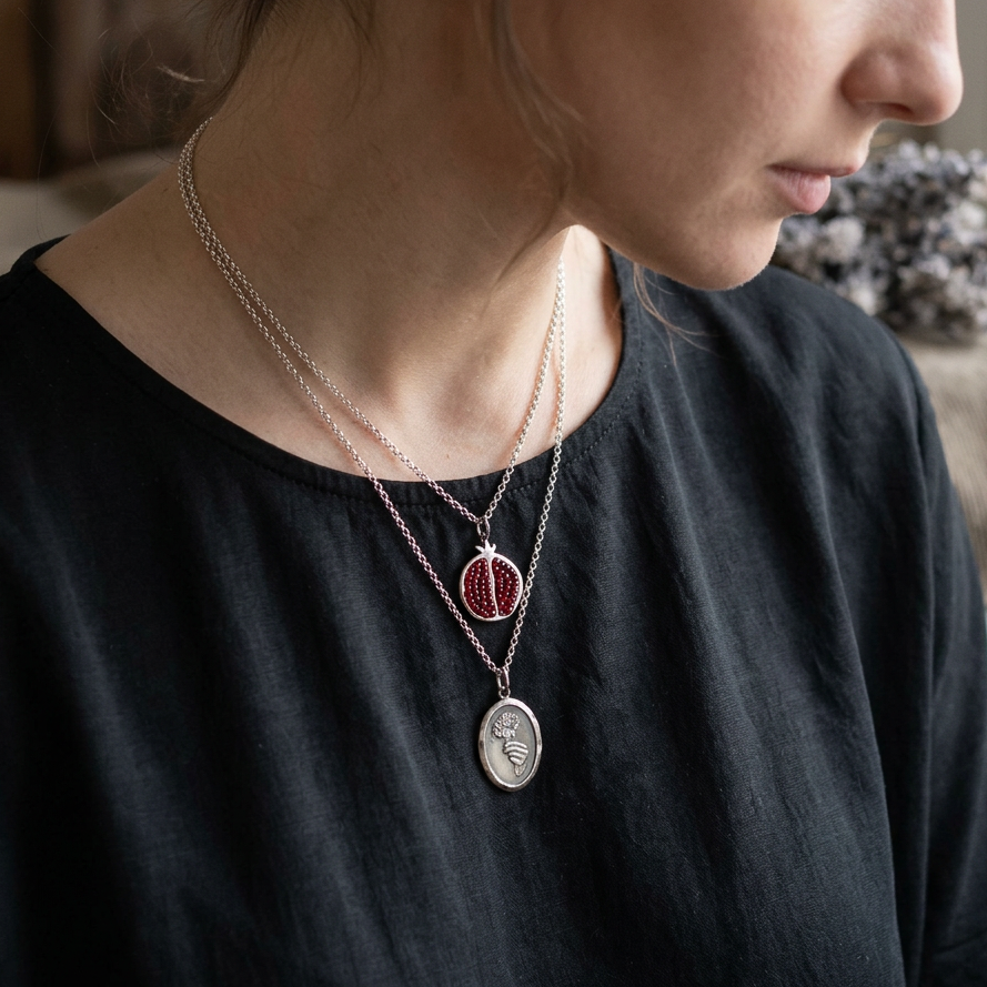 Hadestown Inspired Silver Charms on model layered