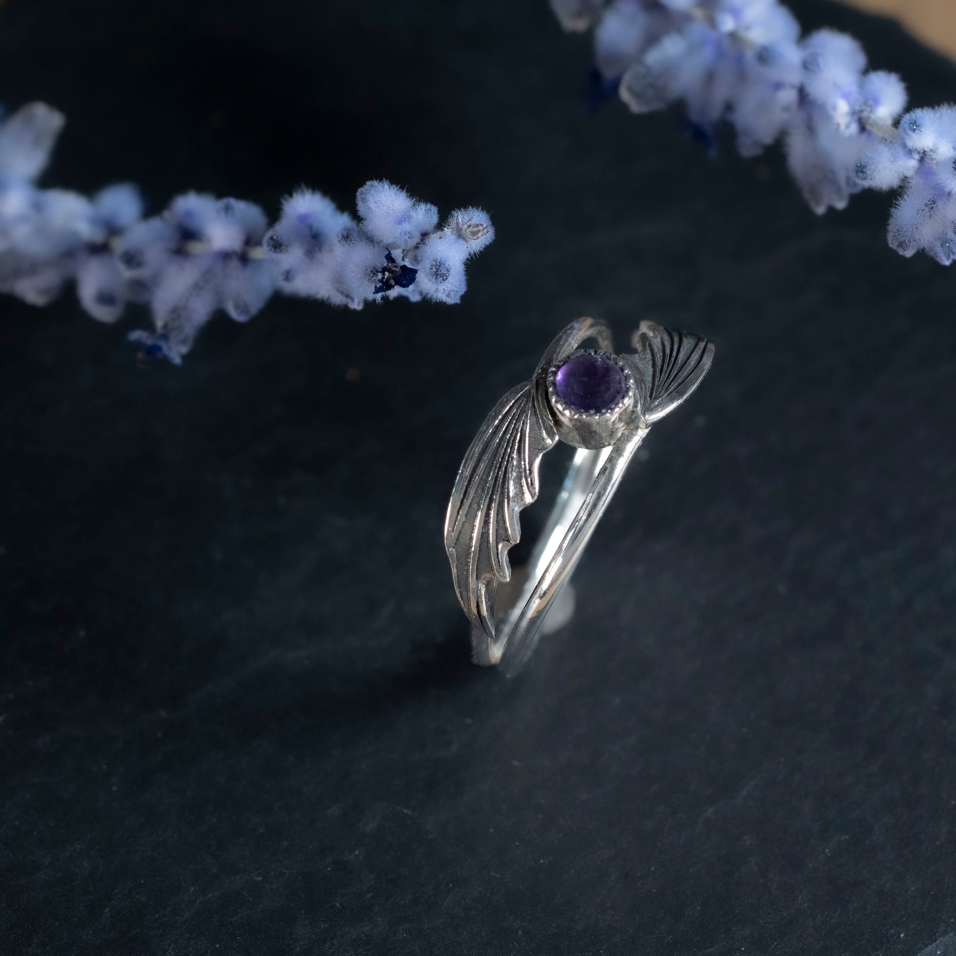"Dainty silver Illyrian Wings ring inspired by ACOTAR with a center amethyst stone
