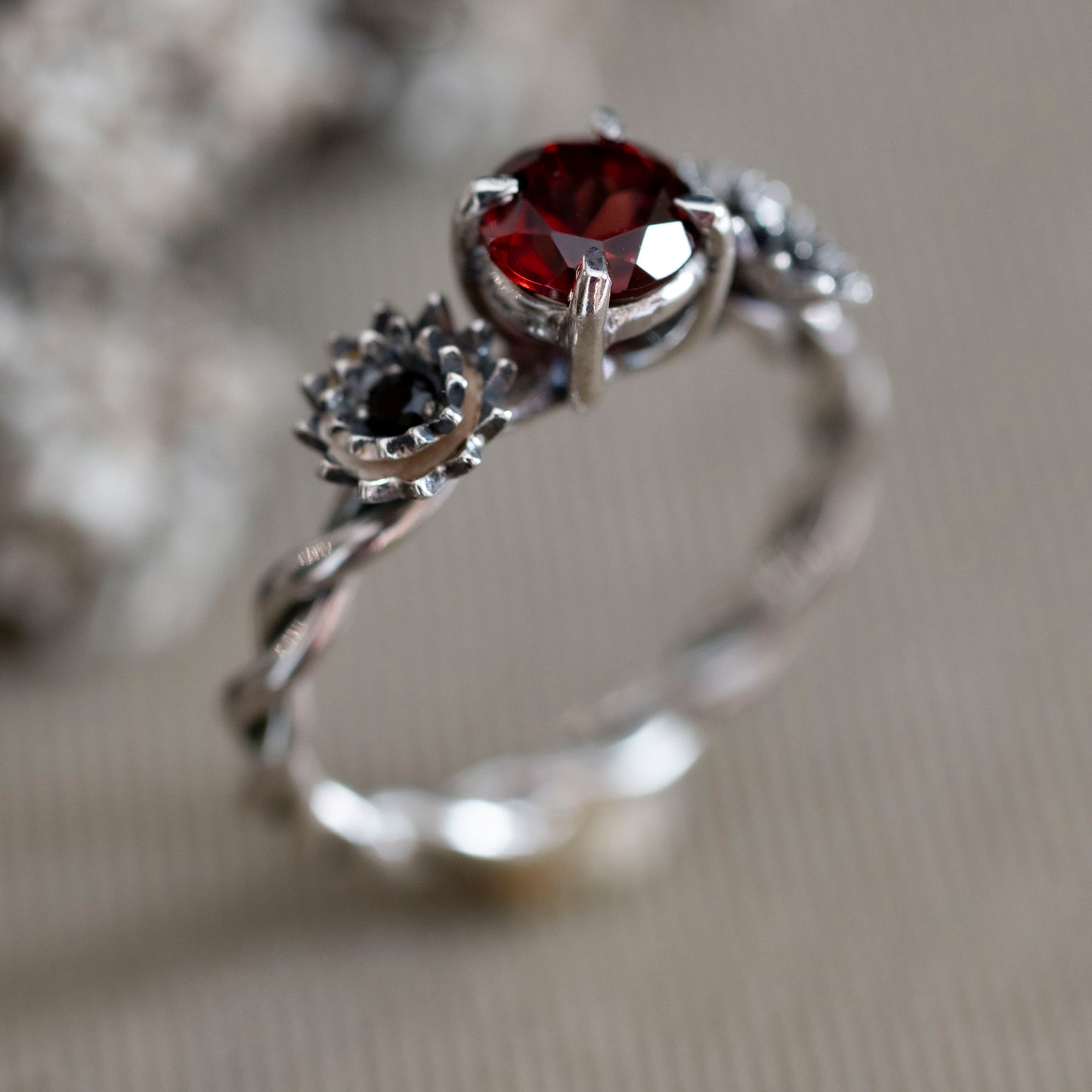 January Carnation and Garnet Ring in Sterling Silver - Hebel Design