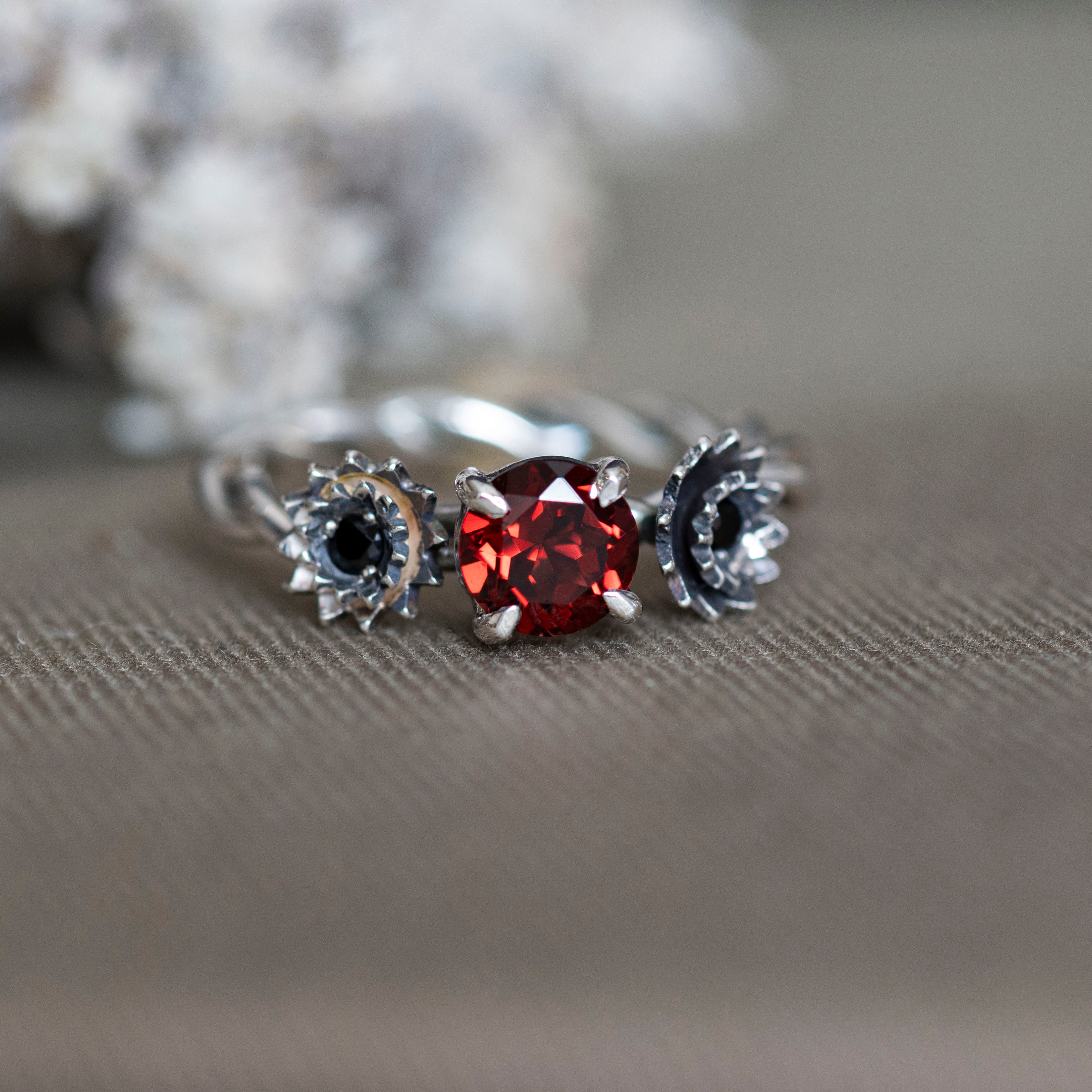 January Carnation and Garnet Ring in Sterling Silver - Hebel Design