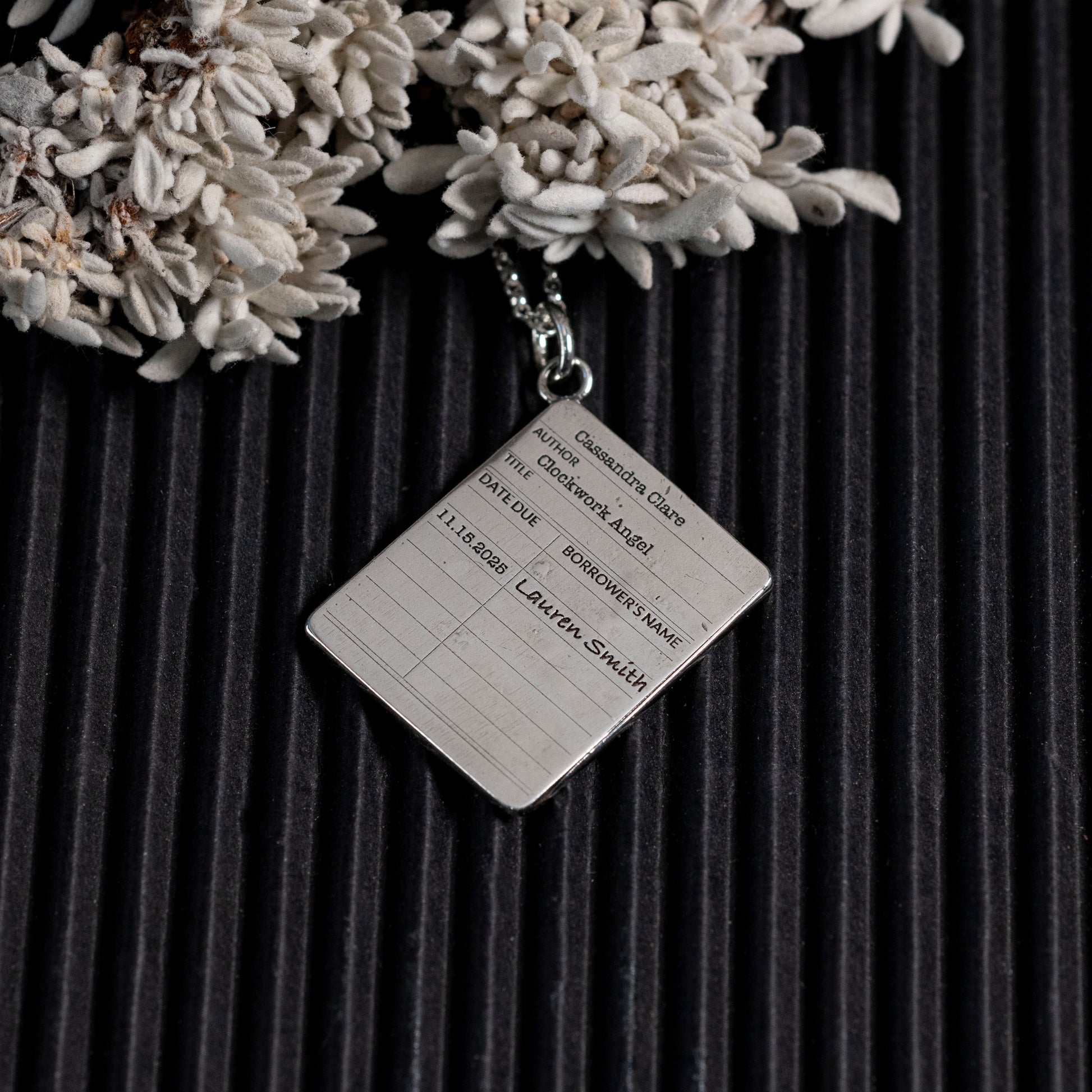 Library card necklace in silver