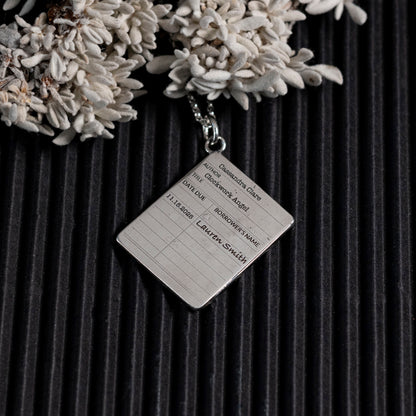 Library card necklace in silver