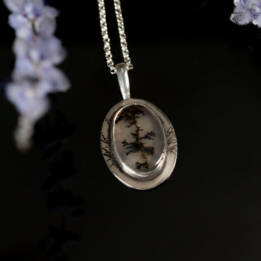 Silver pendant necklace with a Dendritic Agate and hidden pet hair