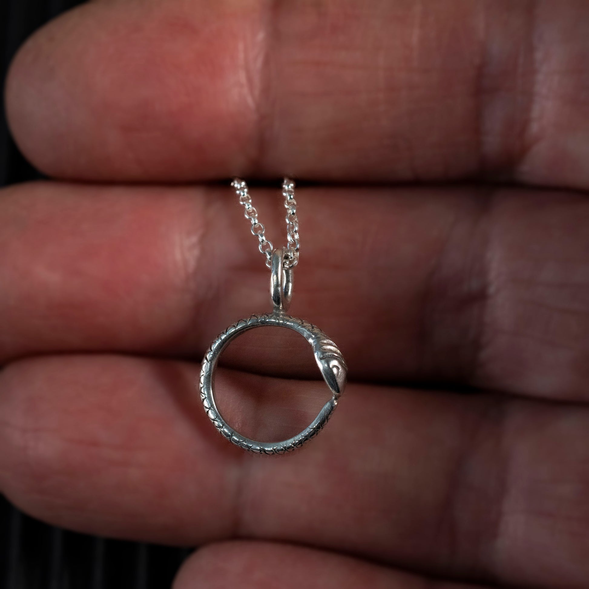 details of tiny ouroboros necklace in silver 