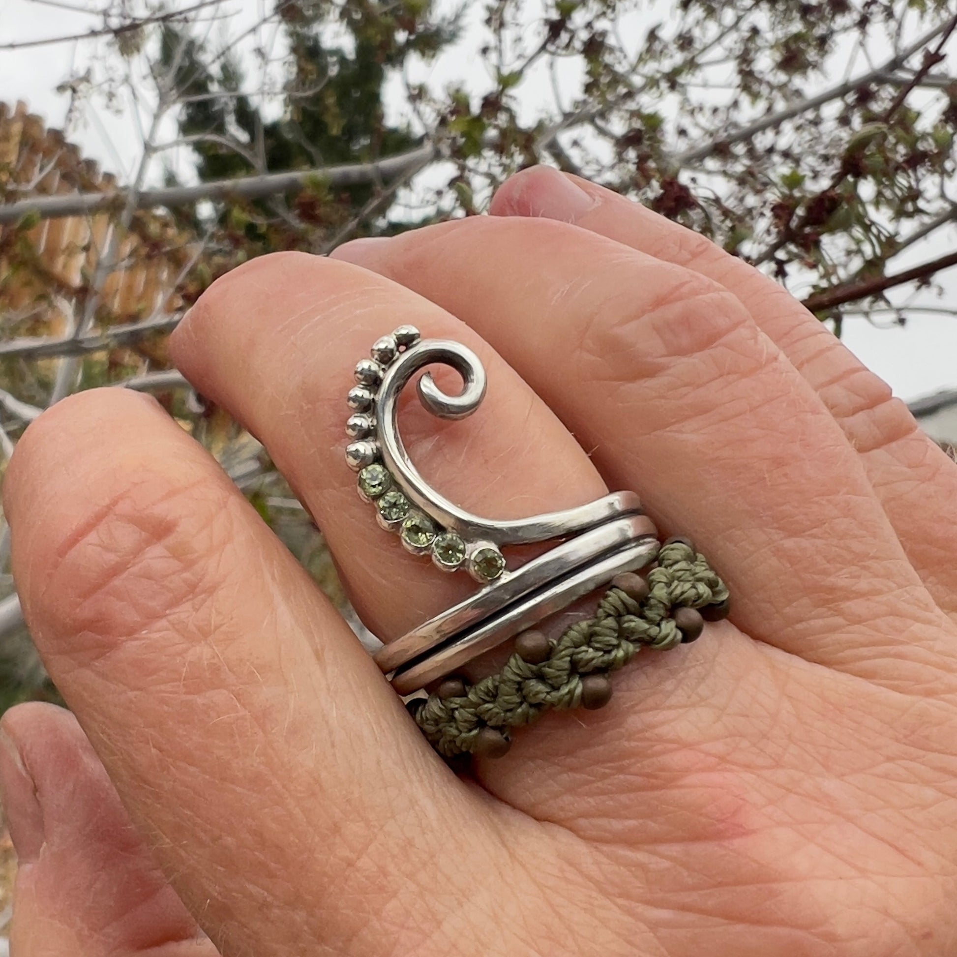 unfurling fern ring paired with macrame ring
