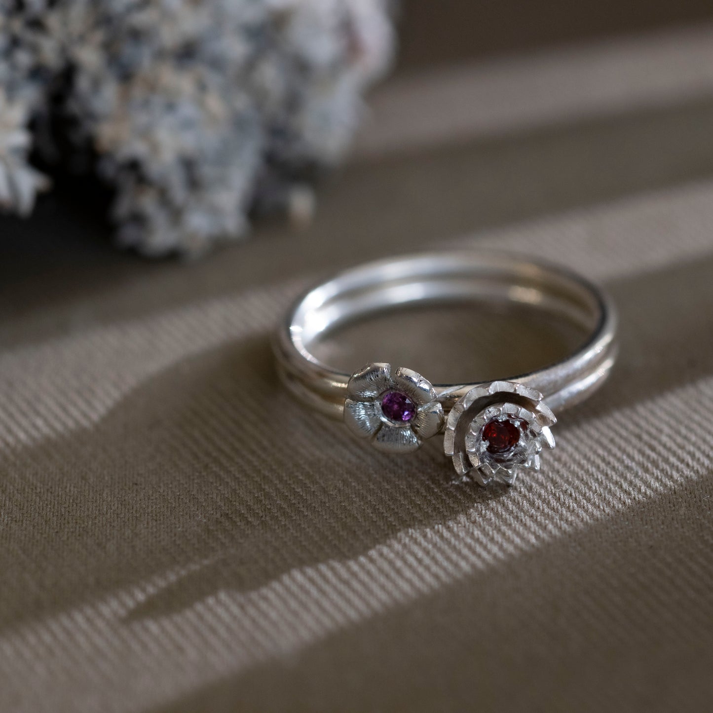 Carnation and Violet Stacker Rings with garnet and amethyst 