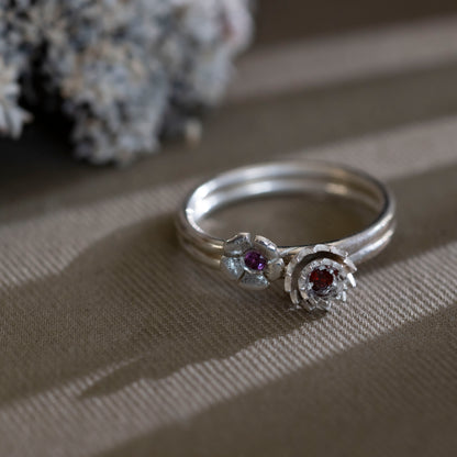 Carnation and Violet Stacker Rings with garnet and amethyst 